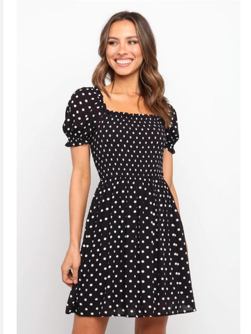 Boho Dot Printed Mini Dress Women Squared Collar Holiday A Line Short Puff Sleeve Beach Dress