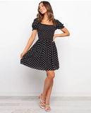 Boho Dot Printed Mini Dress Women Squared Collar Holiday A Line Short Puff Sleeve Beach Dress