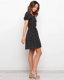 Boho Dot Printed Mini Dress Women Squared Collar Holiday A Line Short Puff Sleeve Beach Dress