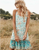 O-neck Print Spaghetti Strap Summer Women Dress Sleeveless Floral Ethnic Dresses