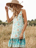 O-neck Print Spaghetti Strap Summer Women Dress Sleeveless Floral Ethnic Dresses