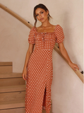 Casual Dot Print Dress Fashion Elegant Ladies Short Sleeve Square Collar Split Beach Midi Dress