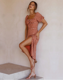 Casual Dot Print Dress Fashion Elegant Ladies Short Sleeve Square Collar Split Beach Midi Dress