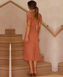 Casual Dot Print Dress Fashion Elegant Ladies Short Sleeve Square Collar Split Beach Midi Dress