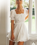 Sexy Square Collar Puff Sleeve Ruffled Dress Beach Holiday Sundress White Vestidos Robe