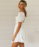 Sexy Square Collar Puff Sleeve Ruffled Dress Beach Holiday Sundress White Vestidos Robe