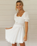 Sexy Square Collar Puff Sleeve Ruffled Dress Beach Holiday Sundress White Vestidos Robe
