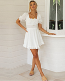 Sexy Square Collar Puff Sleeve Ruffled Dress Beach Holiday Sundress White Vestidos Robe