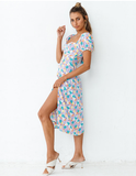 Short Sleeve Square Neck Print Dress Summer Women Beach Sundress