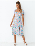 Short Sleeve Square Neck Print Dress Summer Women Beach Sundress
