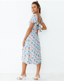 Short Sleeve Square Neck Print Dress Summer Women Beach Sundress