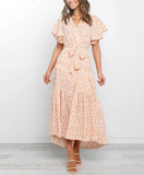 New Summer Boho Printed Long Dress Women V Neck Holiday Beach Dresse