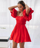 Boho Style Female Chic Sweet Dresses Fashion Solid Slash Neck High-waist Puff Sleeve Women Dress