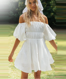Boho Style Female Chic Sweet Dresses Fashion Solid Slash Neck High-waist Puff Sleeve Women Dress