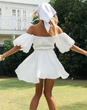 Boho Style Female Chic Sweet Dresses Fashion Solid Slash Neck High-waist Puff Sleeve Women Dress