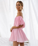 Boho Style Female Chic Sweet Dresses Fashion Solid Slash Neck High-waist Puff Sleeve Women Dress