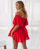 Boho Style Female Chic Sweet Dresses Fashion Solid Slash Neck High-waist Puff Sleeve Women Dress