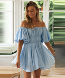 Boho Style Female Chic Sweet Dresses Fashion Solid Slash Neck High-waist Puff Sleeve Women Dress