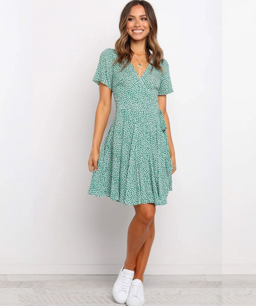V-neck Summer Boho Flower Print Mini Short Sleeve Casual Party Dress