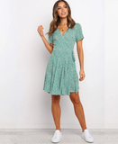 V-neck Summer Boho Flower Print Mini Short Sleeve Casual Party Dress