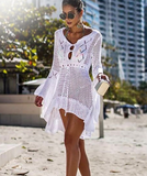 V neck white mesh lace dress women sexy summer beach short dress Causal flare sleeve dress