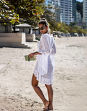 V neck white mesh lace dress women sexy summer beach short dress Causal flare sleeve dress