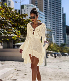 V neck white mesh lace dress women sexy summer beach short dress Causal flare sleeve dress