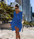 V neck white mesh lace dress women sexy summer beach short dress Causal flare sleeve dress