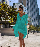 V neck white mesh lace dress women sexy summer beach short dress Causal flare sleeve dress