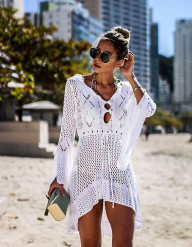 V neck white mesh lace dress women sexy summer beach short dress Causal flare sleeve dress