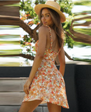 Floral Print Strap Women Dress Backless Mini Dress Fashion High Waist Ruffle Dress