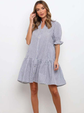 New Women Shirt Dress Striped Buttons Beach Dress Summer Ladies Casual Ruffles Mini Dress