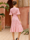 Ruffle Sleeve Women Boho Dress Floral Print Vintage Dresses Female Summer Holiday Casual Midi Dress