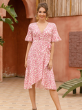 Ruffle Sleeve Women Boho Dress Floral Print Vintage Dresses Female Summer Holiday Casual Midi Dress