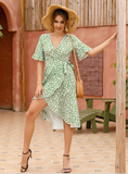 Ruffle Sleeve Women Boho Dress Floral Print Vintage Dresses Female Summer Holiday Casual Midi Dress
