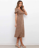 Print Sexy Deep V-neck Women Dresses New Fashion A-line Midi Dress