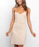 Vintage Plaid Split Stylish Style Sleeveless V-Neck Spaghetti Strap Beach Sundress