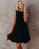 New Casual Solid O-neck High Waist Dress Women Ruffled A-line Lady Dress