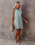 New Casual Solid O-neck High Waist Dress Women Ruffled A-line Lady Dress