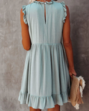 New Casual Solid O-neck High Waist Dress Women Ruffled A-line Lady Dress