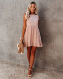 New Casual Solid O-neck High Waist Dress Women Ruffled A-line Lady Dress