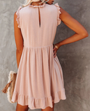 New Casual Solid O-neck High Waist Dress Women Ruffled A-line Lady Dress