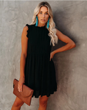 New Casual Solid O-neck High Waist Dress Women Ruffled A-line Lady Dress