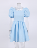 Chic Puff Sleeves Jacquard Flare Dress Elegant Lady Clubwear Summer Mini Dress