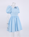 Chic Puff Sleeves Jacquard Flare Dress Elegant Lady Clubwear Summer Mini Dress