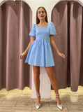 Chic Puff Sleeves Jacquard Flare Dress Elegant Lady Clubwear Summer Mini Dress