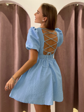 Chic Puff Sleeves Jacquard Flare Dress Elegant Lady Clubwear Summer Mini Dress