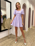 Chic Puff Sleeves Jacquard Flare Dress Elegant Lady Clubwear Summer Mini Dress