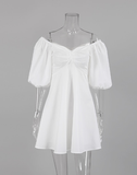 Short Lantern Sleeves Elegant V-Neck Ruched Dress Summer Party Ladies Prom Dress