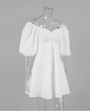 Short Lantern Sleeves Elegant V-Neck Ruched Dress Summer Party Ladies Prom Dress